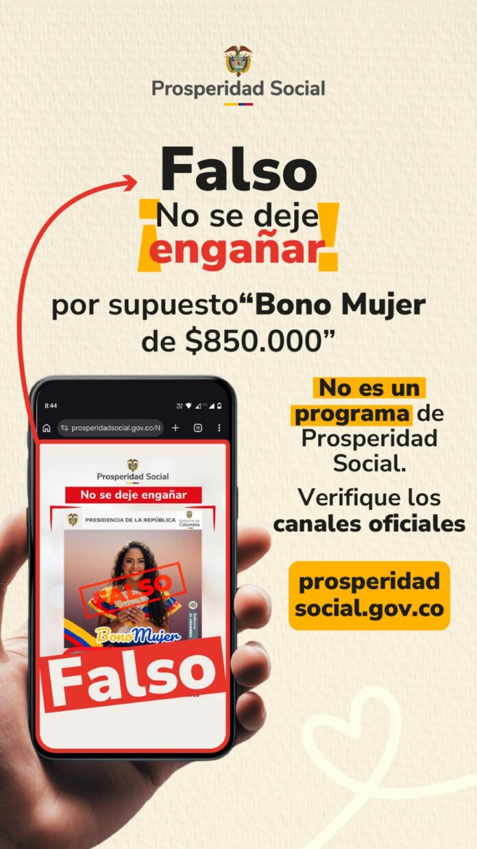 Alerta de falso subsidio Prosperidad Social por supuesto Bono Mujer en redes sociales