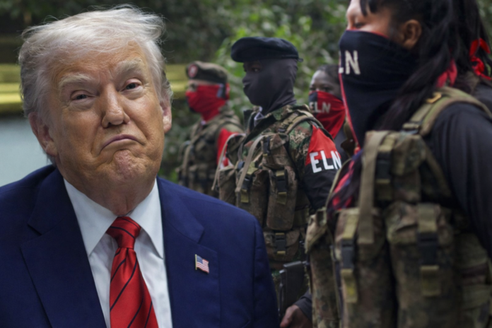 Montaje simbólico que representa la postura del ELN frente a Donald Trump y la guerra en Medio Oriente