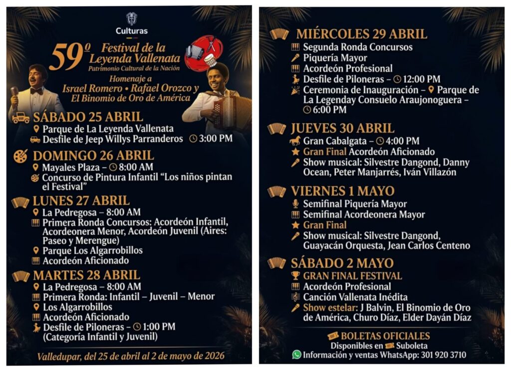 Programación Festival Vallenato 2026 con agenda oficial de concursos y conciertos