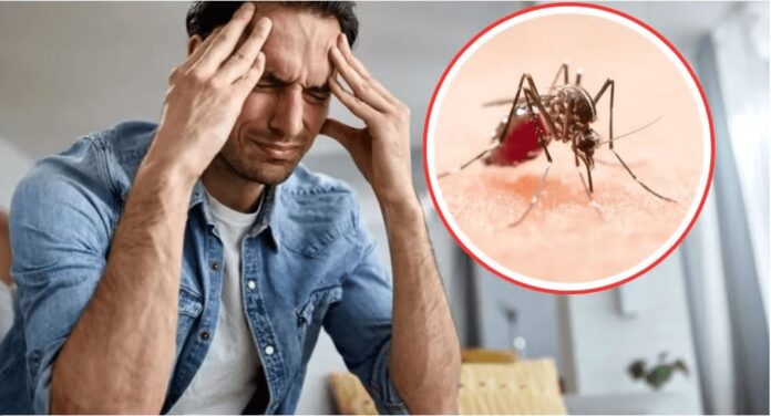 Hombre con dolor de cabeza intenso junto a un círculo que muestra un mosquito Aedes aegypti, ilustrando los síntomas del dengue en Valledupar.