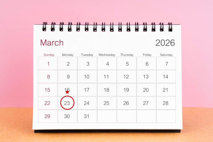 Calendario de marzo de 2026 con el 23 marcado como puente festivo en Colombia