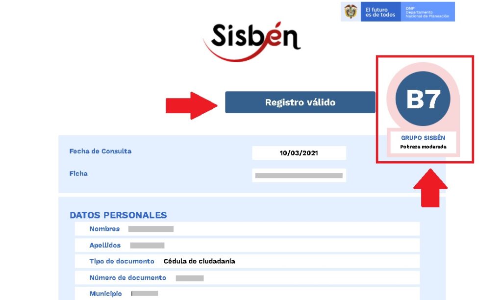 Consultar grupo Sisbén 2026 en certificado con clasificación B7