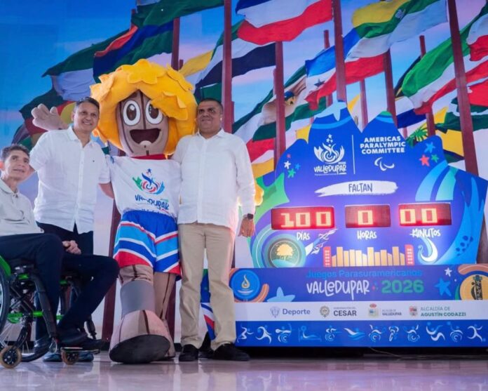 Autoridades regionales junto a la mascota oficial en el encendido del cronómetro que marca 100 días para los Juegos Parasuramericanos Valledupar 2026.