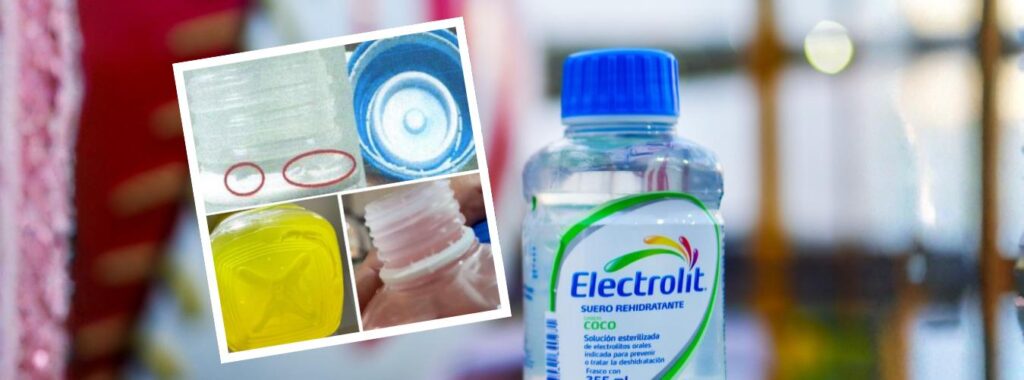 Ejemplo de Electrolit falsificado con irregularidades en envase y sellado detectadas en Colombia.