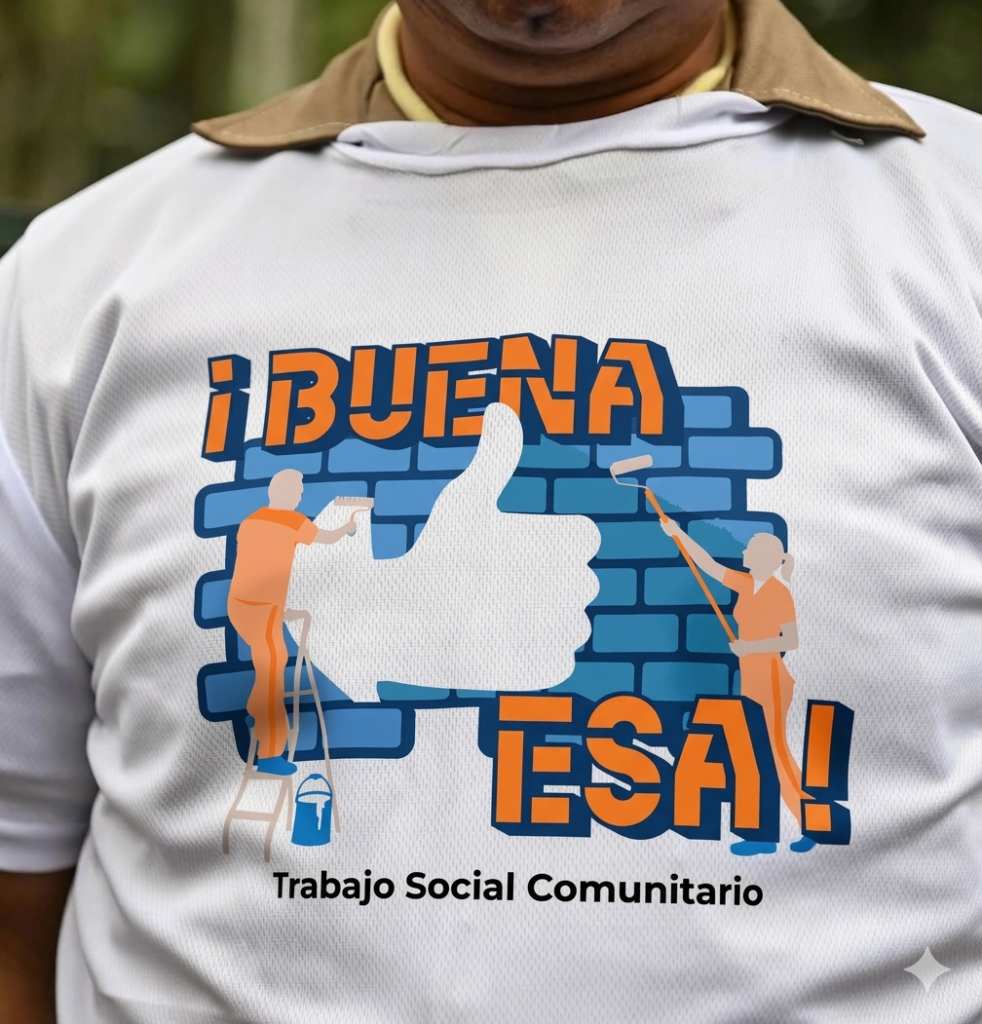 programa 'Buena Esa' del INPEC. Incluye ilustraciones de personas pintando un muro con un 'pulgar arriba' y el texto 'Trabajo Social Comunitario' para resocialización.