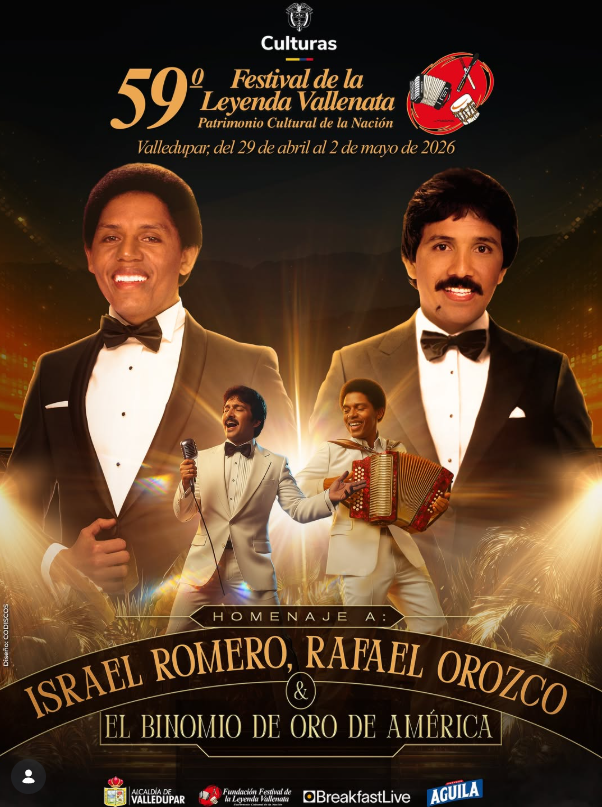 Afiche oficial del 59° Festival de la Leyenda Vallenata 2026 en homenaje a Israel Romero, Rafael Orozco y El Binomio de Oro de América.