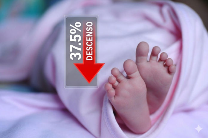 Pies de un bebé recién nacido con un gráfico digital superpuesto que indica un descenso del 37.5 por ciento en la natalidad, basado en datos estadísticos de Valledupar.