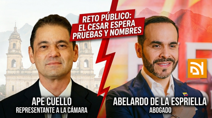 Fotografía periodística de Noticias Valledupar mostrando el **Reto de Ape Cuello** a Abelardo de la Espriella, exigiendo pruebas y nombres de supuestos emisarios.