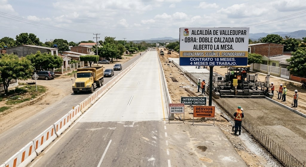 Vista aérea de las obras en la vía Don Alberto La Mesa en Valledupar con maquinaria y pavimento nuevo.