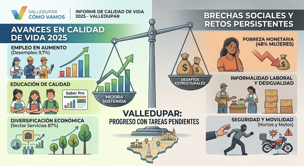 Infografía de calidad de vida en Valledupar 2025: balance entre avances y brechas sociales.