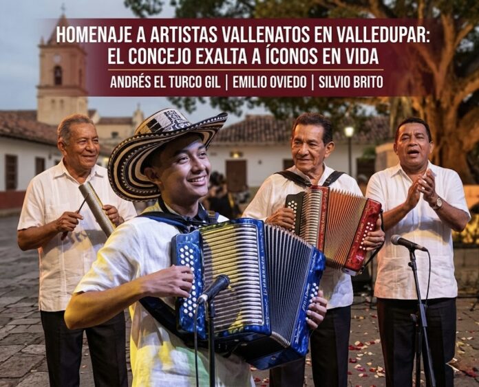 Homenaje a artistas vallenatos en Valledupar: El Turco Gil, Emilio Oviedo y Silvio Brito en la Plaza Alfonso López.