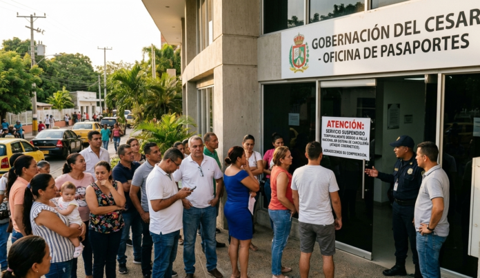 Ciudadanos molestos esperan afuera de la oficina de pasaportes en Valledupar con un cartel que anuncia la suspensión del servicio.