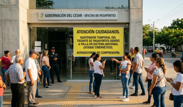 Multitud de ciudadanos frustrados esperan afuera de la oficina de pasaportes de la Gobernación del Cesar en Valledupar, con un gran cartel impreso en la ventana que dice ATENCIÓN CIUDADANOS. SUSPENSIÓN TEMPORAL DE PASAPORTES DEBIDO A FALLA EN SISTEMA NACIONAL.