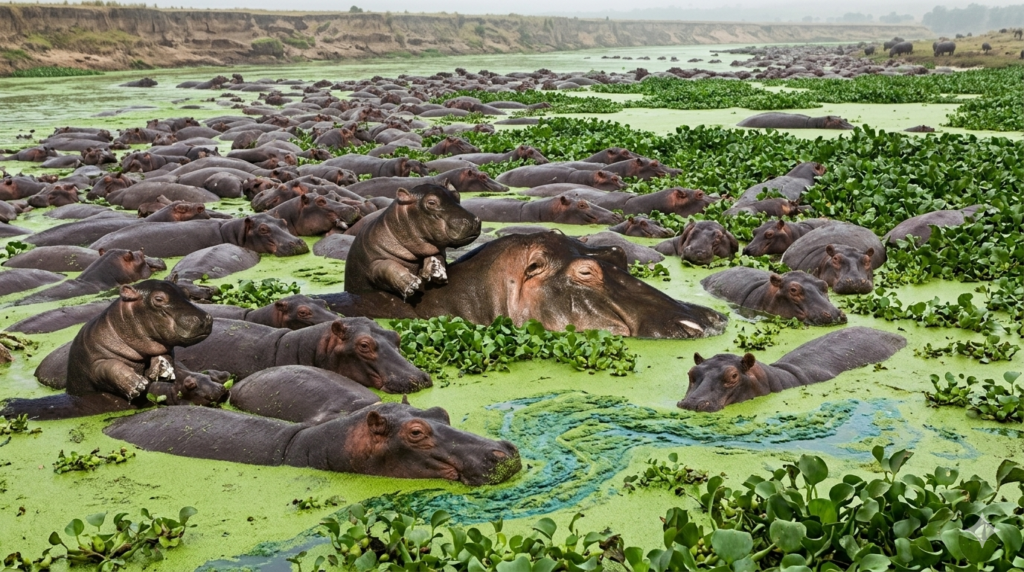 Cientos de hipopótamos hacinados en un río del Magdalena con agua verde eutrofizada y vegetación invasora.