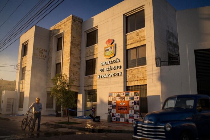 Fachada principal del edificio de la Secretaría de Tránsito y Transporte de Valledupar, iluminada por el sol de la tarde. En la entrada se observa el escudo del municipio, un pendón institucional, un hombre con una bicicleta y una camioneta clásica azul.