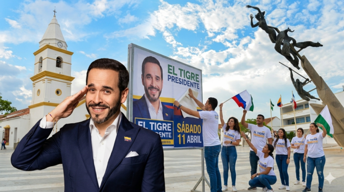 Abelardo de la Espriella saluda junto a una valla de 