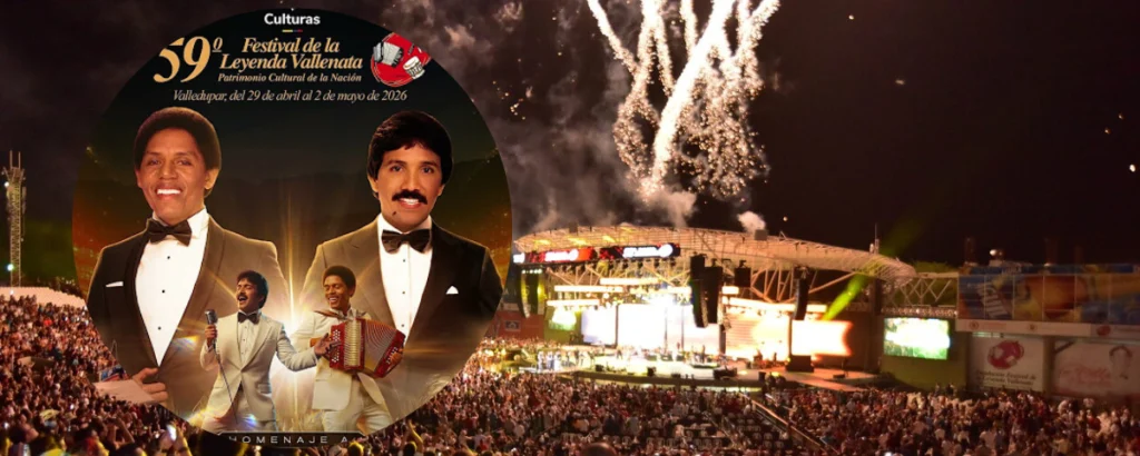 Afiche oficial del Festival Vallenato 2026 rindiendo homenaje al Binomio de Oro de América.
