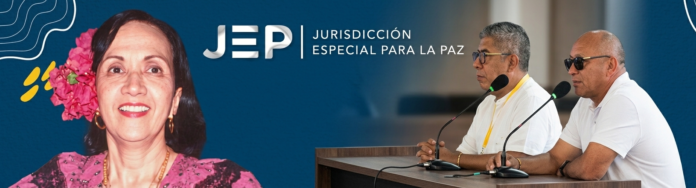 Reconocimiento de las FARC ante la JEP en La Paz, Cesar: imagen compuesta que muestra a Consuelo Araújo Noguera sonriendo (izquierda) y a excomandantes del Bloque Caribe aportando verdad durante una audiencia judicial (derecha).