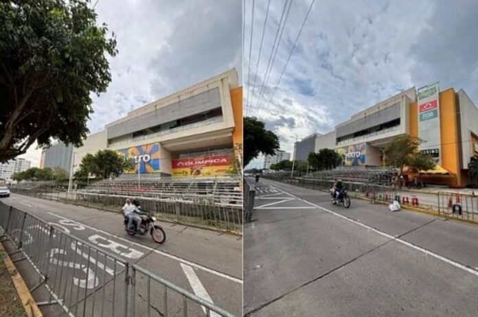 Fotografía de los palcos instalados frente al Centro Comercial Unicentro en Valledupar, bloqueando visualmente los accesos principales para el desfile de Piloneras.