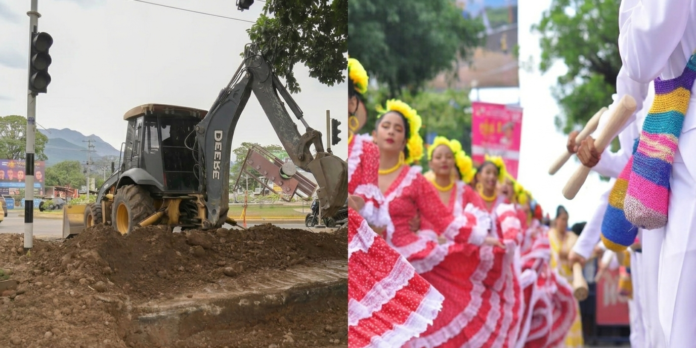 Contraste entre obras viales en la Avenida Simón Bolívar y el Desfile de Piloneras para el Festival Vallenato 2026 en Valledupar.