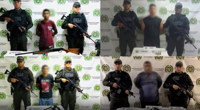 Collage de cuatro fotografías que muestran a agentes del Gaula de la Policía Nacional con los capturados del Clan del Golfo en el Magdalena, junto a armas e incautaciones.