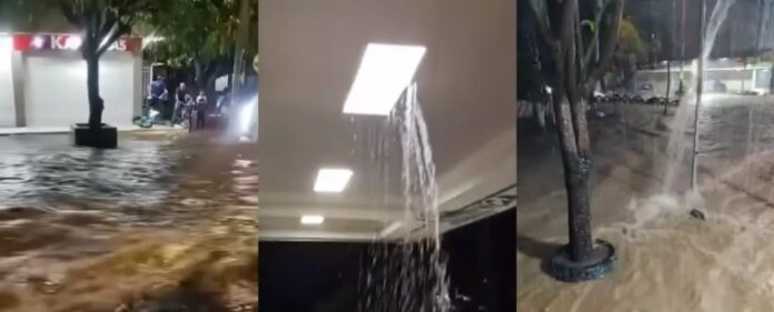 Composición de tres fotos que muestran la emergencia por lluvias en Valledupar: una calle completamente inundada frente a un local comercial, agua filtrándose a través de una lámpara de techo en un interior y el desbordamiento de agua en una vía pública durante la noche.