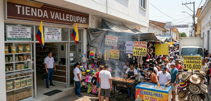 Contraste entre comercio formal en Valledupar y puestos de ventas informales durante el Festival Vallenato.