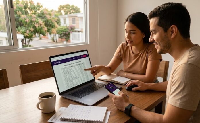 Usuarios revisando sus movimientos de Nequi en un computador para descargar extractos bancarios.