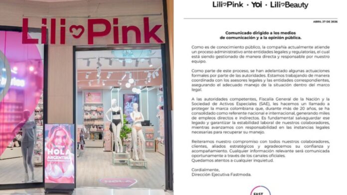 Fachada de una tienda Lili Pink y comunicado oficial de la empresa tras los allanamientos de la Fiscalía en abril de 2026 por presunto lavado de activos.