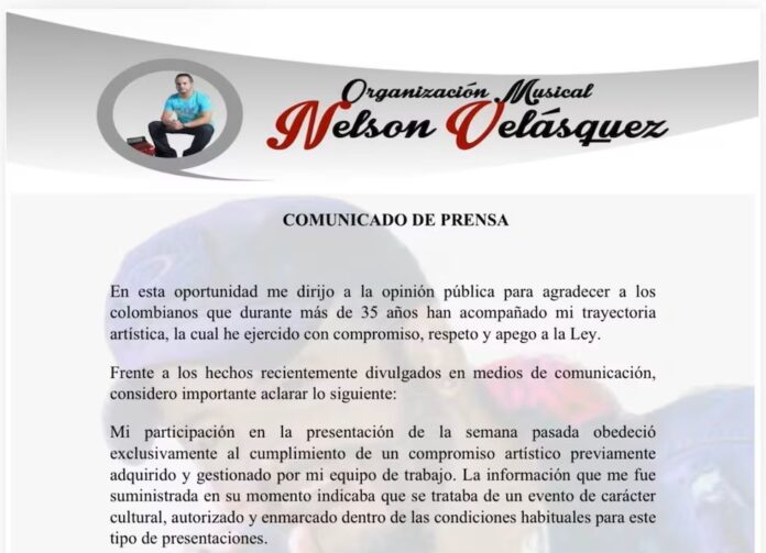 Imagen periodística del comunicado oficial de Nelson Velásquez en respuesta a la fiesta en la cárcel de Itagüí. Muestra los puntos clave de su defensa: actuó de buena fe y no conocía el contexto ilegal.