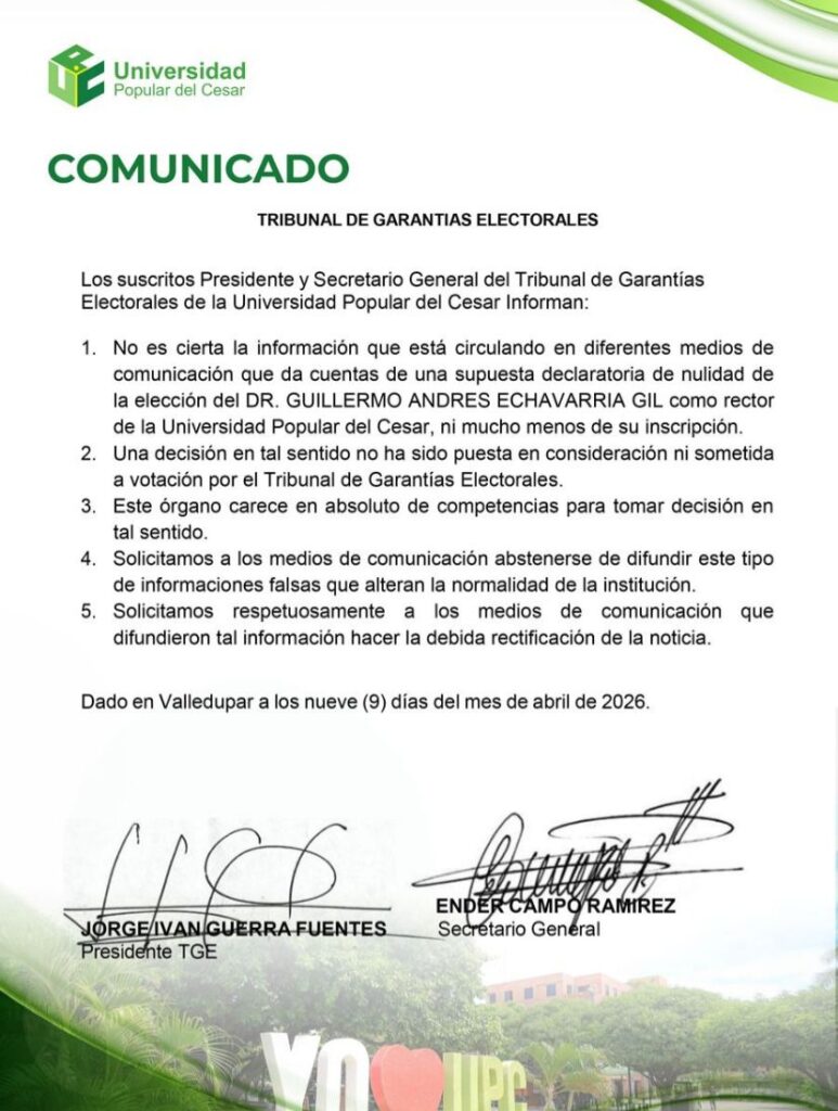 Comunicado a la opinión pública del Tribunal de Garantías Electorales de la UPC donde desmienten la nulidad de la elección en la rectoría de la UPC.