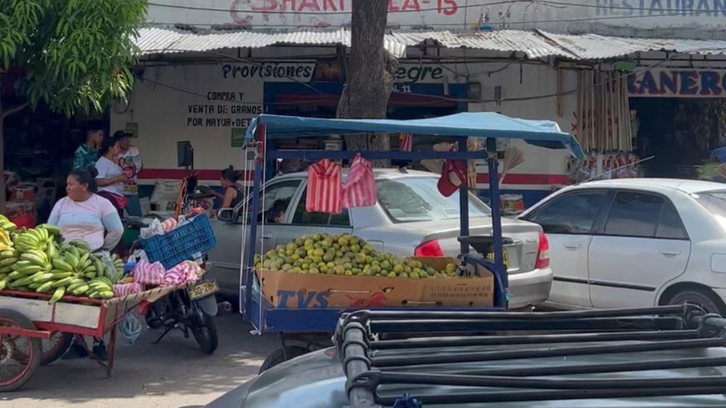 Venta callejera de plátanos y cítricos en un sector comercial.