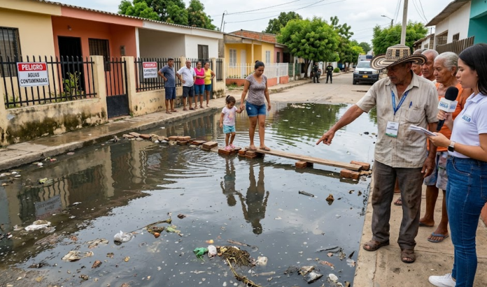 Ciudadanos denuncian la crisis por el rebosamiento de aguas negras en Valledupar en el barrio Los Cortijos.