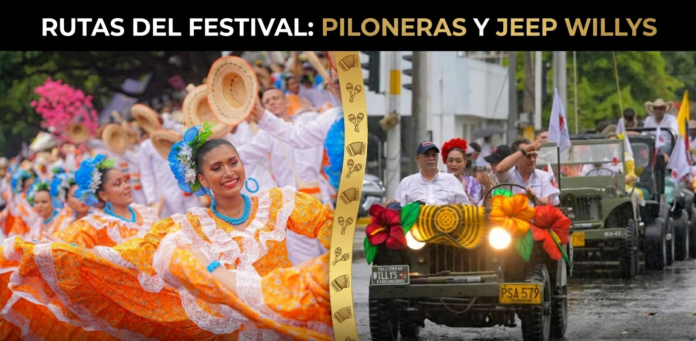 Collage de apertura del Festival de la Leyenda Vallenata mostrando el colorido desfile de piloneras y la caravana de Jeep Willys parranderos.