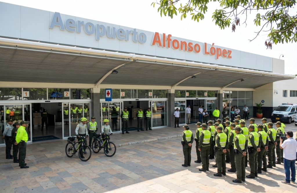 Operativo de seguridad de la Policía Nacional en el Aeropuerto Alfonso López Pumarejo para el Festival Vallenato.