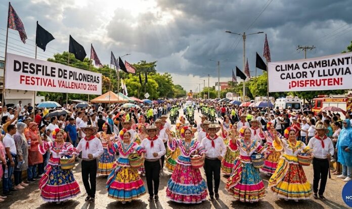 Desfile de Piloneras durante el Festival de la Leyenda Vallenata con bailarines usando el traje típico de camisa blanca y pañoleta roja bajo clima cambiante.