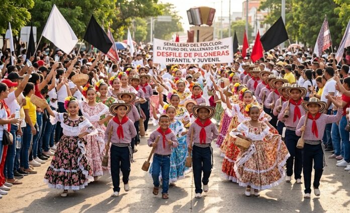 Niños y jóvenes participando en el Desfile de Piloneras Infantil durante el Festival de la Leyenda Vallenata en Valledupar.
