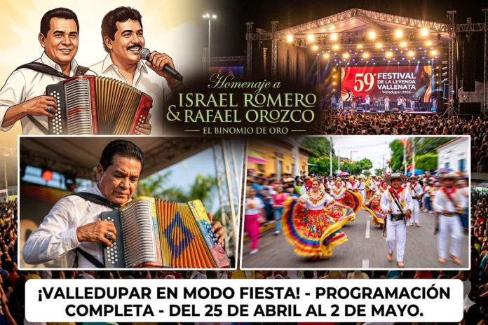 Composición oficial del Festival Vallenato 2026 con homenaje al Binomio de Oro y desfile de piloneras en Valledupar.