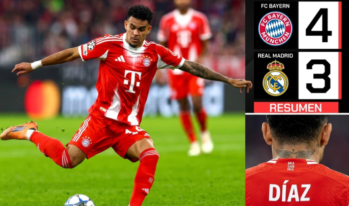 Composición destacada del gol de Luis Díaz y el marcador final Bayern 4 - Real Madrid 3 en la Champions League.