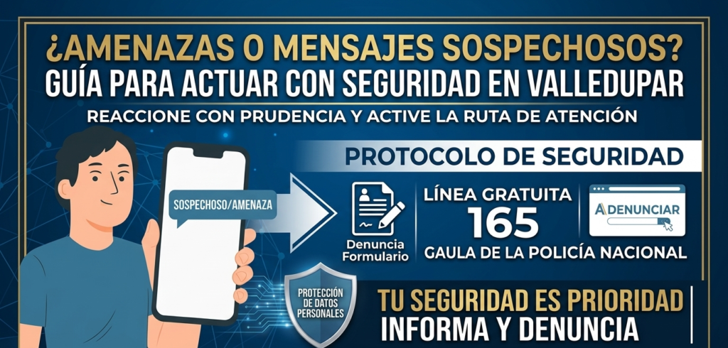 Guía paso a paso sobre cómo denunciar amenazas y mensajes sospechosos ante el Gaula de la Policía en Valledupar.