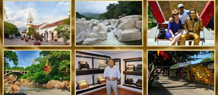 Collage de sitios turísticos de Valledupar: Plaza Alfonso López, Río Guatapurí, La Mina, Museo del Acordeón y Calle de la Purrututú.