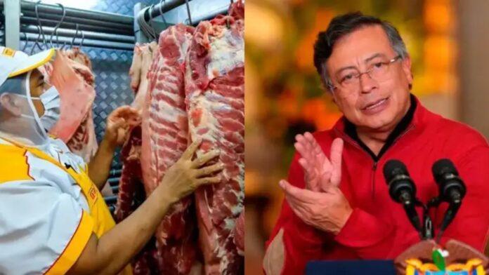 Composición del presidente Gustavo Petro y un expendio de carne, analizando las medidas para reducir el precio de la carne en el mercado interno.