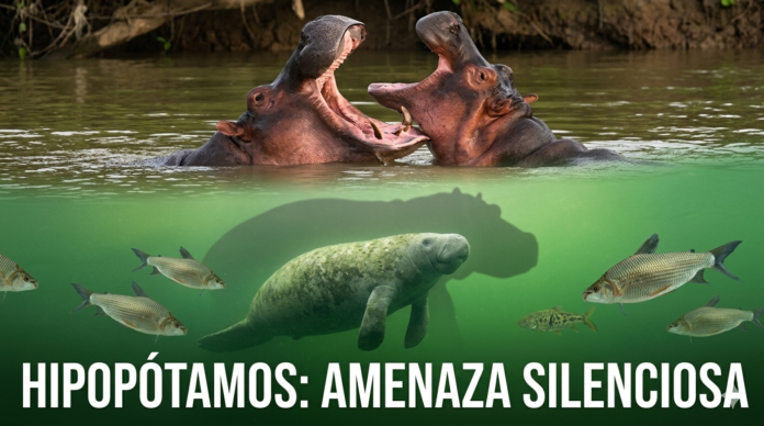 Hipopótamos en la superficie acechando a un manatí y peces bocachico bajo el agua en el río Magdalena.