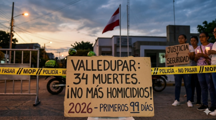 Plano medio de una escena de crimen con cinta de 'POLICÍA - NO PASAR' y un cartel escrito a mano que dice 'VALLEDUPAR: 34 HOMICIDIOS. ¡YA VAN 99 DÍAS!'. En el fondo, mujeres de la comunidad observan, reflejando la crisis de seguridad.