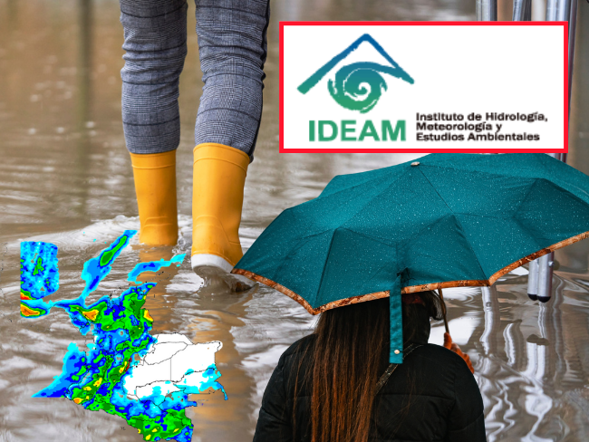 Composición que muestra el mapa del Ideam con alerta de lluvias en el Cesar y personas con botas y paraguas ante el riesgo de crecientes súbitas.