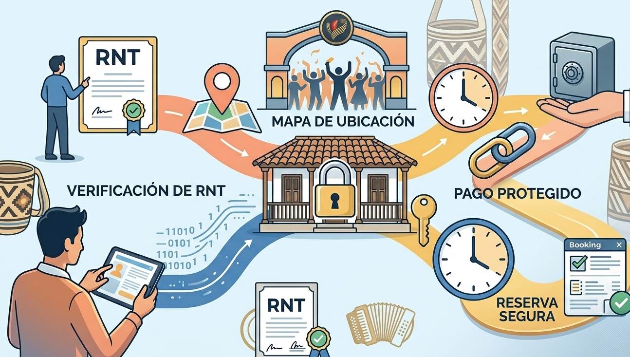 Infografía prolija en español que detalla los pasos para un hospedaje seguro durante el Festival Vallenato, incluyendo verificación de RNT y pagos protegidos.