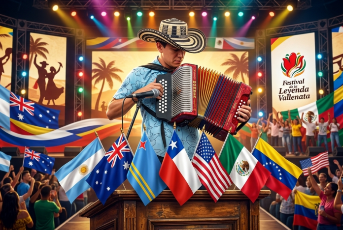 Acordeonero en tarima con las banderas de Argentina, Australia, Aruba, Chile, Estados Unidos, México y Venezuela en el Festival de la Leyenda Vallenata.
