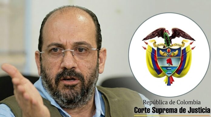 Composición fotográfica para noticia: Corte Suprema de Justicia investiga a un juez de Valledupar por presuntas demoras en el caso contra alias ‘Jorge 40’. Muestra a Rodrigo Tovar Pupo gesticulando y el logo oficial completo de la institución.