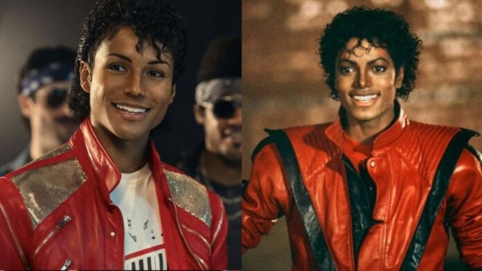 Comparativa entre Jaafar Jackson caracterizado como el Rey del Pop y el Michael Jackson original con su icónica chaqueta roja de Thriller.