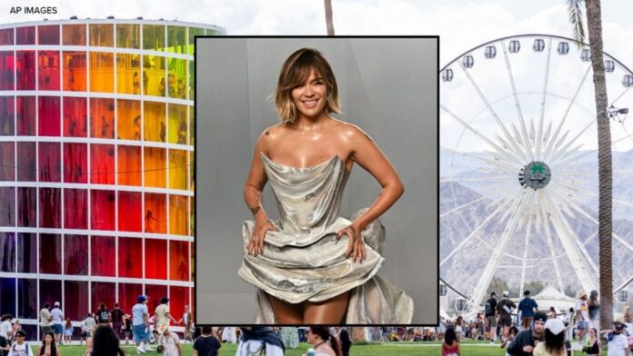 Composición visual que muestra a Karol G con vestido plateado sobrepuesta a una vista del festival con la rueda de la fortuna y la torre arcoíris.